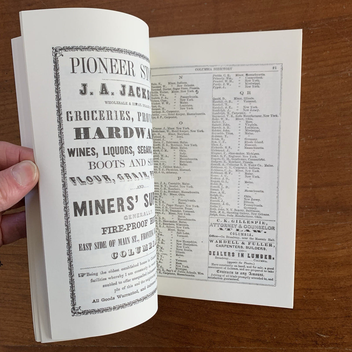 1856 Miners & Business Men’s Directory for Tuolumne California