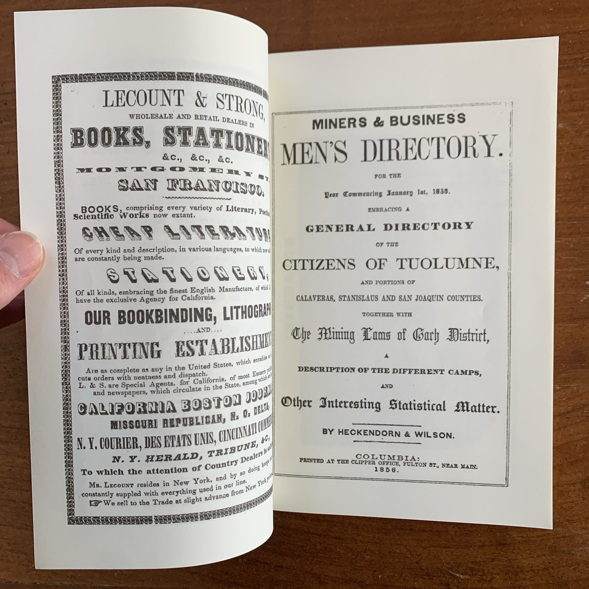 1856 Miners & Business Men’s Directory for Tuolumne California